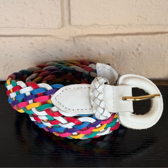 Vintage 80s Rainbow Colorful Cord Braided Belt White Leather Buckle Accent 1X - Picture 2 of 5